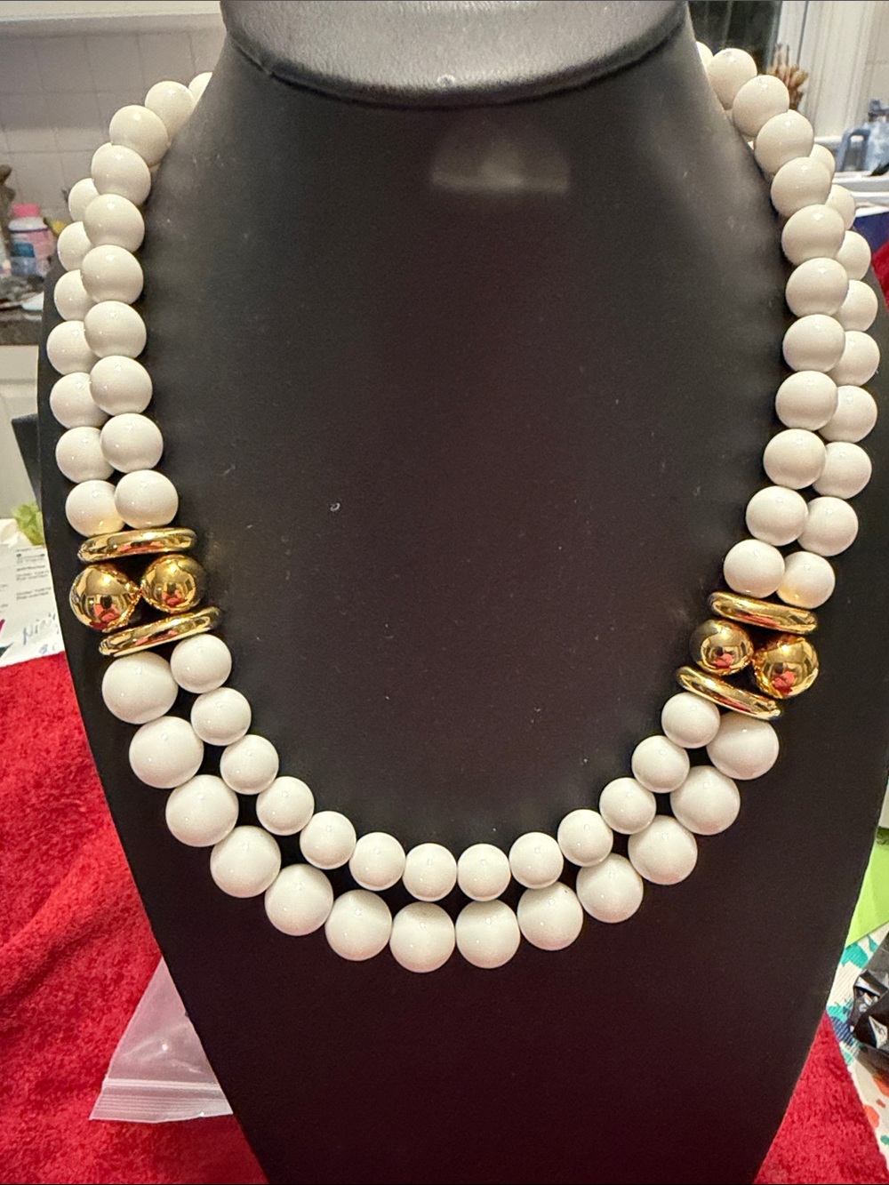 Vintage White Beaded Necklace with Gold Accents -signed Napier patented 17.5”